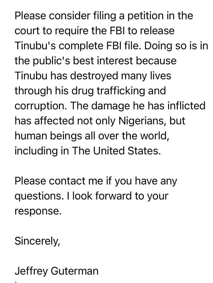 To <a href="/knightcolumbia/">Knight First Amendment Institute</a>: I just sent the message below to your email address at info@knightcolumbia.org. Please consider filing a petition for the FBI to make public its file on Bola Tinubu, a drug trafficker who has harmed countless people in the world, including the United States.