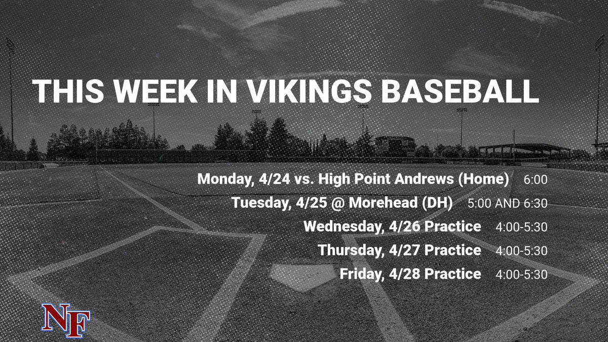 NoFo_Baseball's tweet photo. Final week of the season. Senior Night on Monday, 4/24 vs. HP Andrews. Come out and support your NFHS Vikings!! https://t.co/O63YnNjMHW