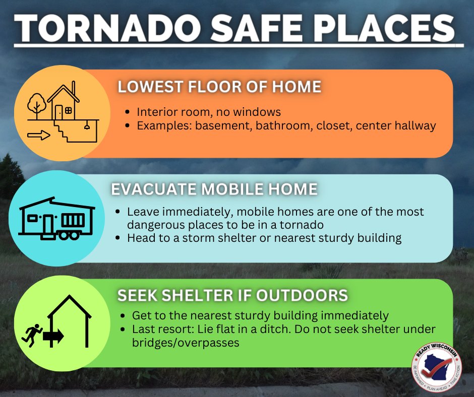ReadyWisconsin's tweet photo. ⌚ It's time for the first Wisconsin Statewide Tornado Drill of the day!
Do you know where your safe place is from a #tornado?
Use these drills as a chance to review and practice your tornado and severe weather sheltering plans.
#ReadyWI #wiwx https://t.co/olqtMVrji8