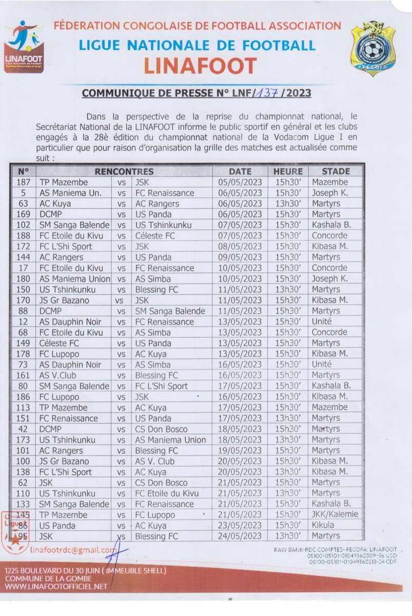 fcsteloilupopo's tweet photo. Le ballon devrait à nouveau rouler sur les pelouses de la RDC 4 mois après l'arrêt du championnat. En effet, la suite du calendrier de la #VL128 a été rendue public ce vendredi 21 Avril 2023. Le communiqué de la Linafoot fixe la reprise au 05 Mai prochain.
#FiersdÊtreCheminots https://t.co/XgA8rzlYvR