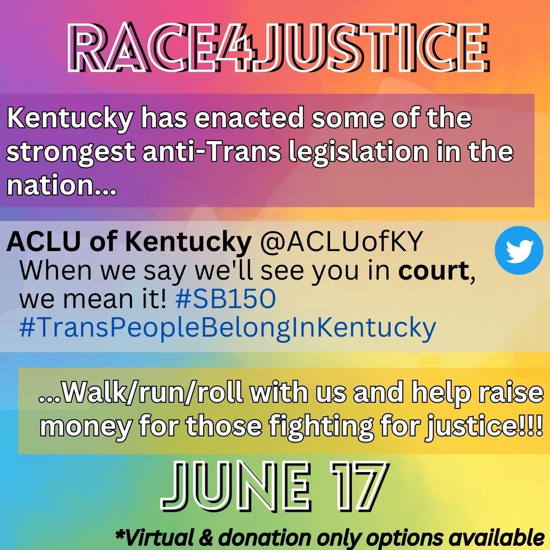 Register for the #Race4Justice today at FutureAncestors502.org! 

Help us raise as much money as possible for the <a href="/ACLUofKY/">Follow ACLU of Kentucky on BlueSky @acluofky.bsky</a> as they fight for justice for ALL of our community memebers.

We you even register virtual if you cannot walk/run/roll with us in person. Just sign up :)