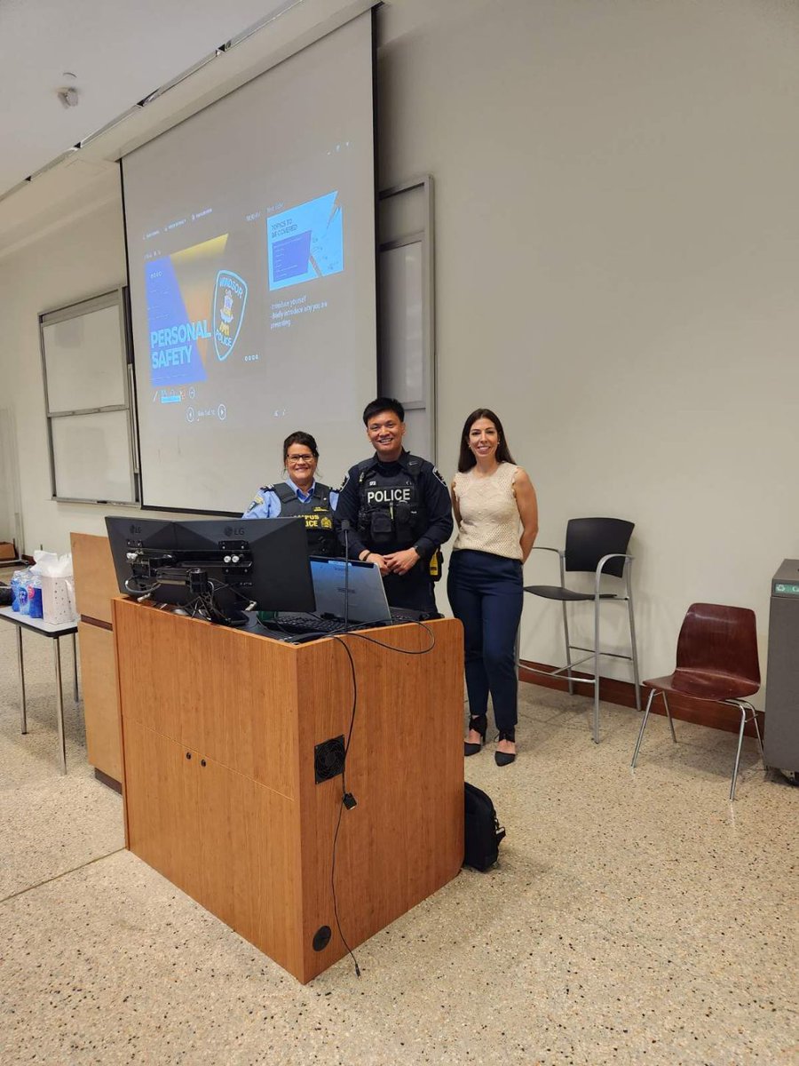 WindsorPolice's tweet photo. Another community connection.🤝

WPS Community services Officer Legaspi attended @UWindsor today alongside Sgt. Michelle Nohra from campus police to assist in a presentation on Personal Safety. https://t.co/8pNM3kaClk