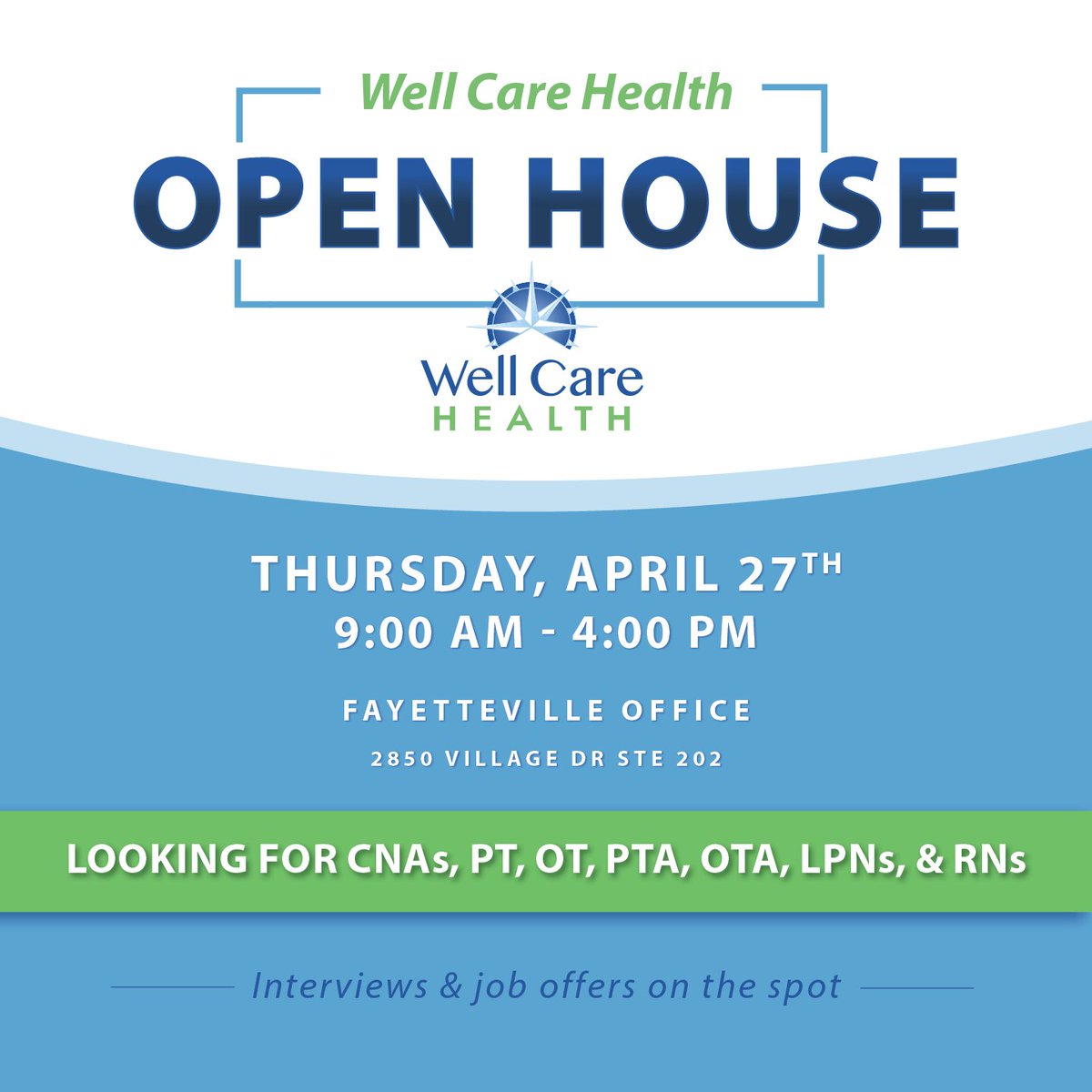 WellCareHealth's tweet photo. Stop by our Fayetteville office next Thursday to meet our team and learn more about our open positions. 

Can't make the open house? Contact one of our recruiters today:
☎️ 888-815-5310
➡️ https://t.co/WLi5EbApof
📧 careersgroup@wellcarehealth.com https://t.co/hz2qO60b7U