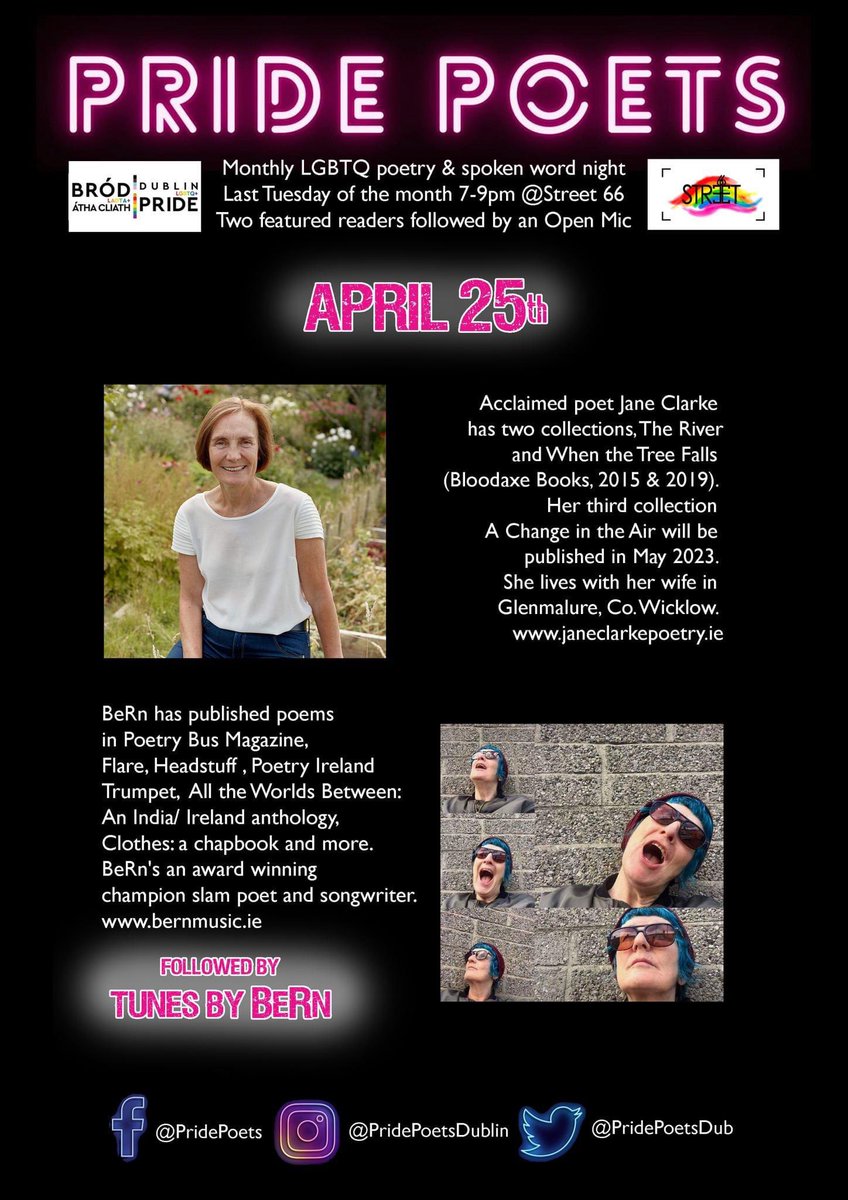 PridePoetsDub's tweet photo. April 25th 7pm hosted by @somulligan In @st66dublin and supported by @DublinPride . As always we have two brilliant featured readers @jane_janeclarke and BeRn followed by our ever enthralling Open Mic. Bonus this month with BeRn finishing the night off with her powerful tunes. https://t.co/lJzwhV9GSq