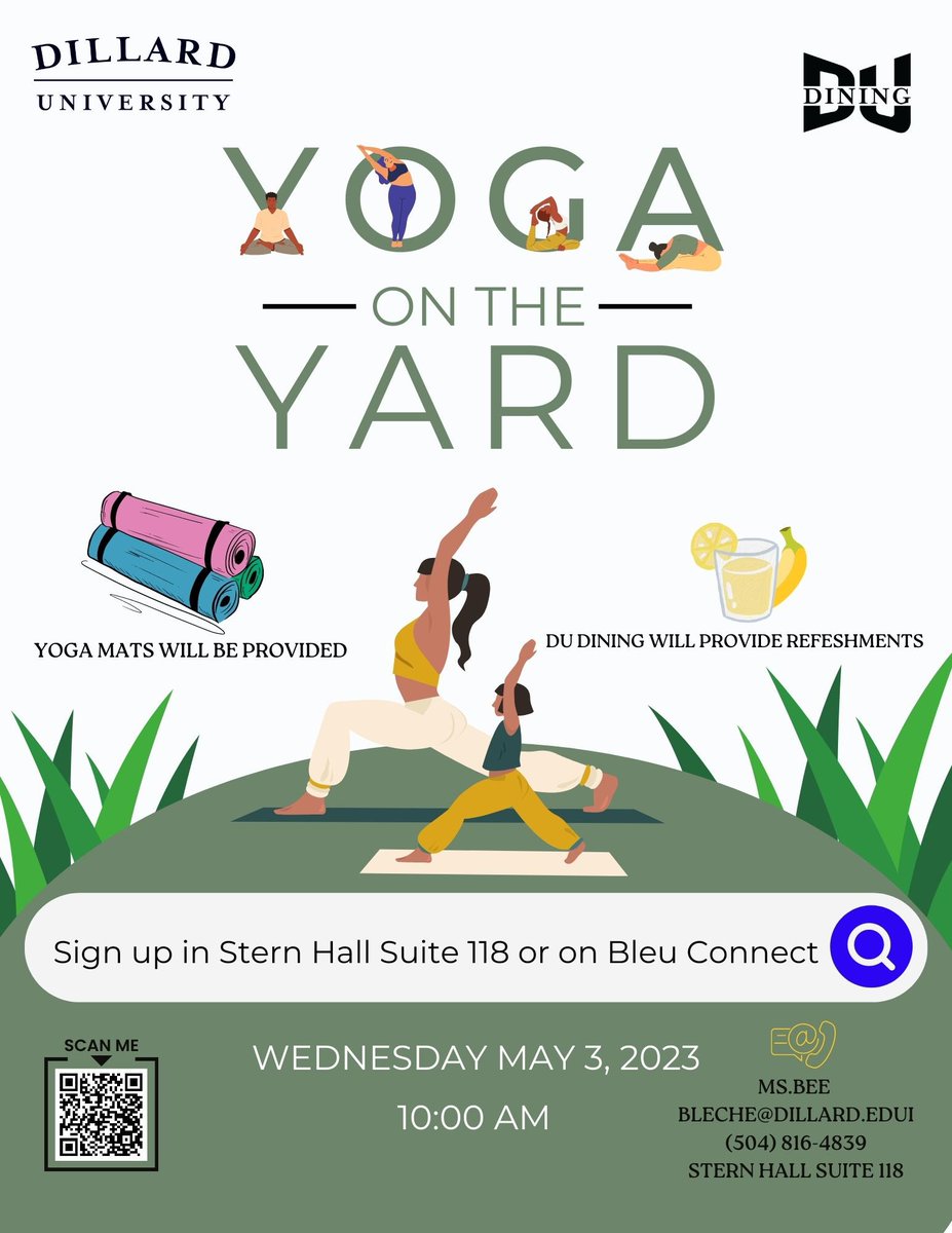 du_counseling's tweet photo. π§π½ Lay away and escape the day with us Wednesday, May 3, 2023. π§πΎββοΈ
π£Sign-up in Stern Hall Suite 118 today or on Bleu Connect.π£
#DillardU #GeauxBleu #DU23 #DU24 #DU25 #DU26 #DillardUCounseling #GeauxBleuDevils #MyDU #MentalHealthMatters #itsokaynottobeokay #YogaontheYard https://t.co/99hazVcdka