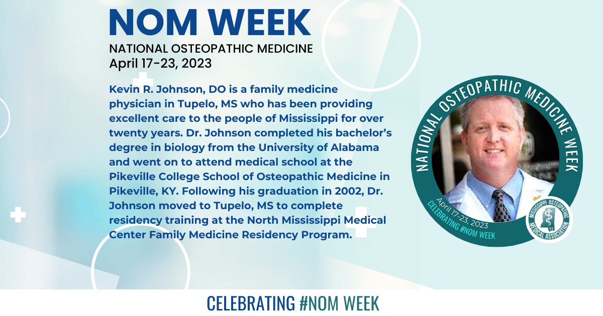 DOsofMOMA's tweet photo. Join us as we continue to celebrate #NOM Week by celebrating #DOSofMOMA! Dr. Johnson has faithfully promoted osteopathic medicine through direct patient care to thousands of patients all over northeast MS. We are proud to have Dr. Johnson as a member of MOMA! #NOMWeek #DOProud https://t.co/aBCrusah0J
