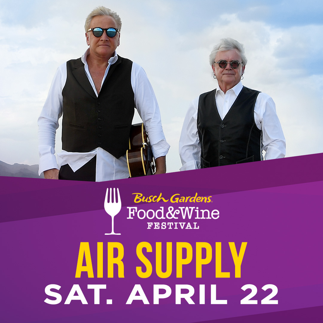 Very excited to be performing at <a href="/BuschGardens/">Busch Gardens Tampa Bay</a> Tampa's Food &amp; Wine Festival tomorrow, Saturday, April 22. Join us for a wonderful day in the park! 💕

🎟 AirSupplyMusic.com/tour-dates