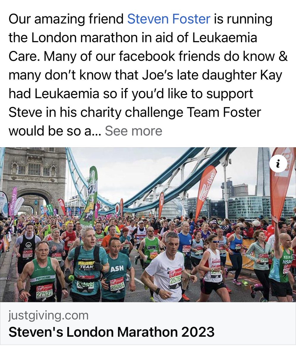 Any support you can give to Leukaemia Care via Steven Foster <a href="/onegoldennugget/">One Golden Nugget</a> for running the London Marathon is greatly appreciated 🙏🙏🙏 It’s a cruel cancer that took my daughter aged 28. #londonmarathon2023