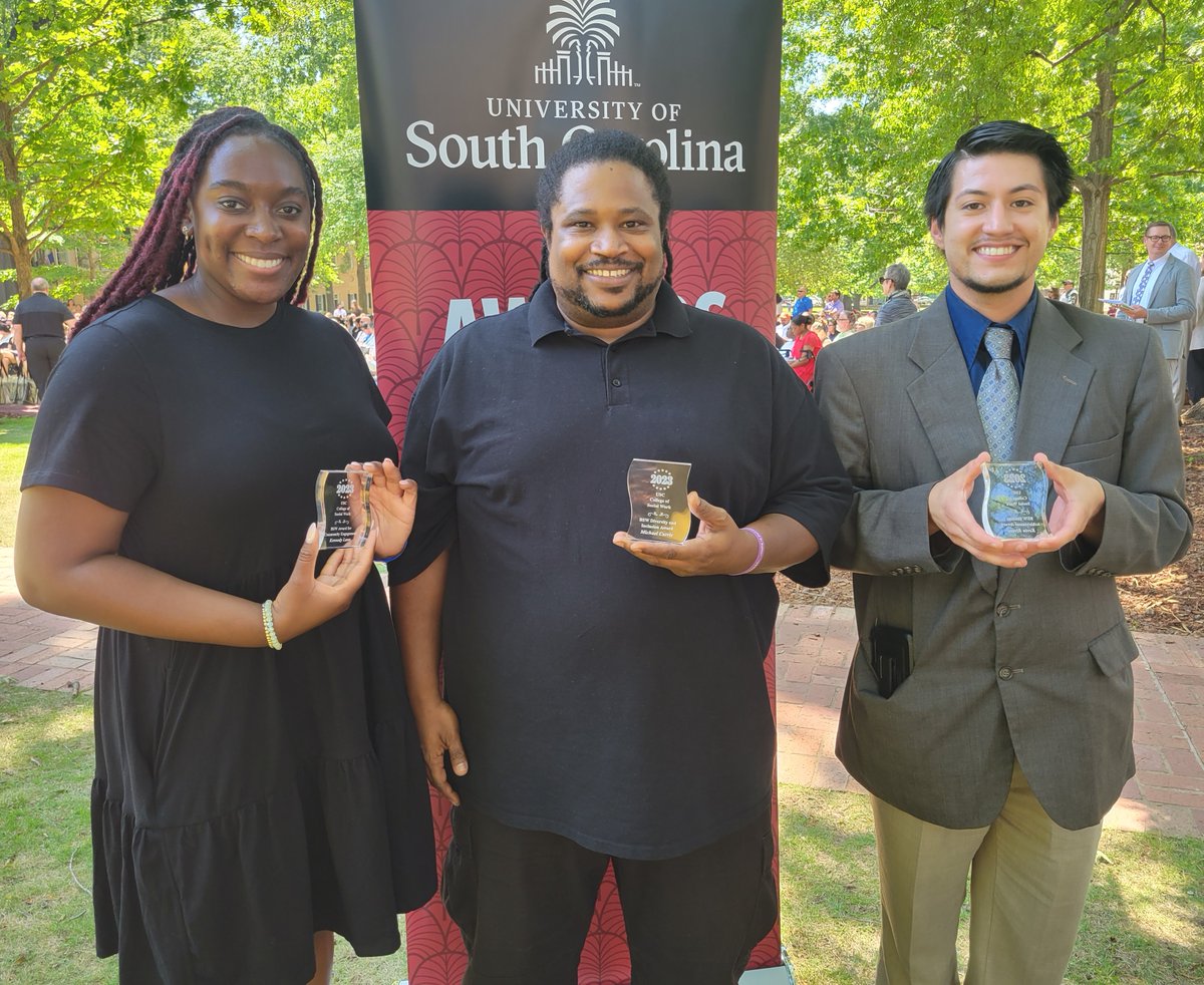 uofsccosw's tweet photo. Congratulations to Michael Currie (BSW Diversity and Inclusion Award), Kennedy Lann (BSW Community Engagement Award) and Kevin Riveria (BSW Student Achievement Award), honored as @UofSC @uofsccosw's undergraduate award winners. 🤩 #SocialWorkExcellence #BSWAwards #TheRemarkableWe https://t.co/b7npFyuOKt