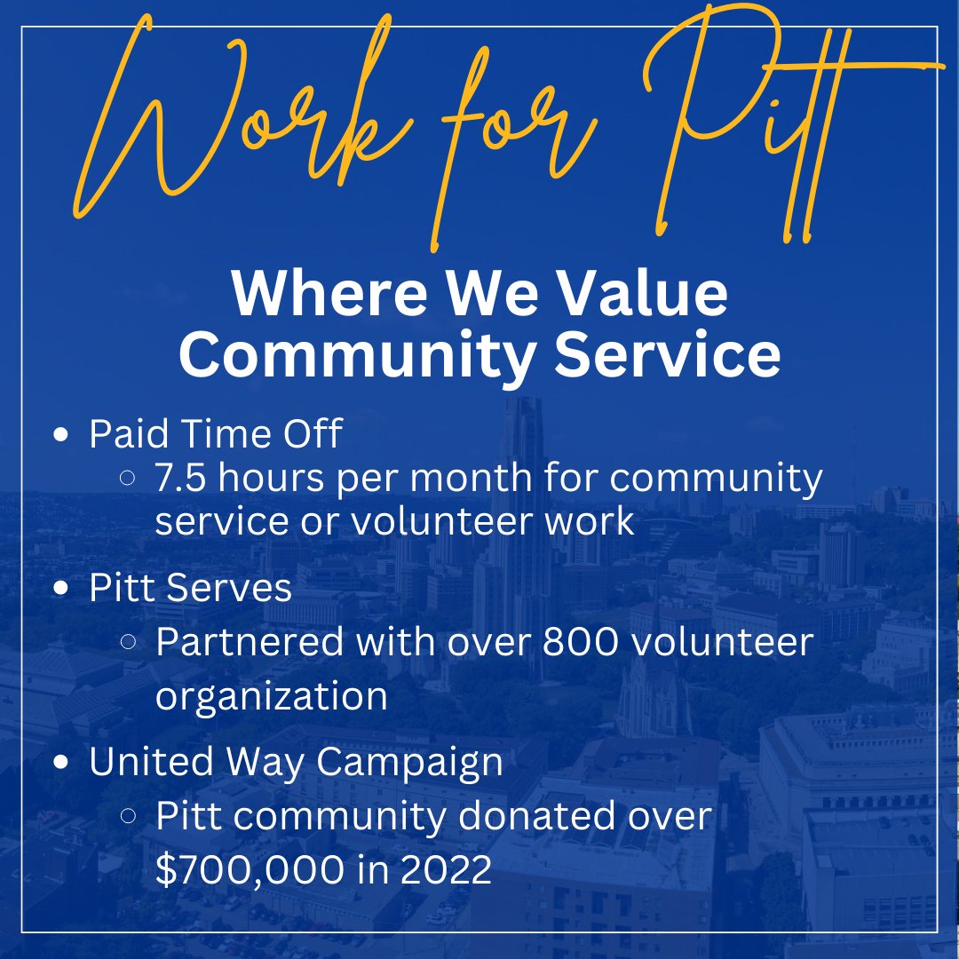 PittBHAS's tweet image. Community service is an essential aspect of our work at @PittBHAS. 💙💛

Full-time regular staff can use up to 7.5 hours of paid time off per month for volunteering or professional development. 

Learn more: hr.pitt.edu/news/guideline…

#h2p #pitt