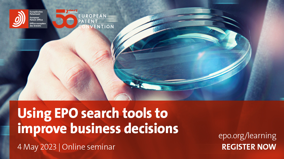 EPOorg's tweet photo. Looking to improve your patent searching skills? We've got you covered! 👌
On 4 May, you can attend our free seminar to learn more about our search tools #Espacenet, #GlobalPatentIndex and #PATSTAT.
Secure your spot now ⬇️
https://t.co/TDsqSmS4MK
#IPtraining https://t.co/dXozSWFjHG