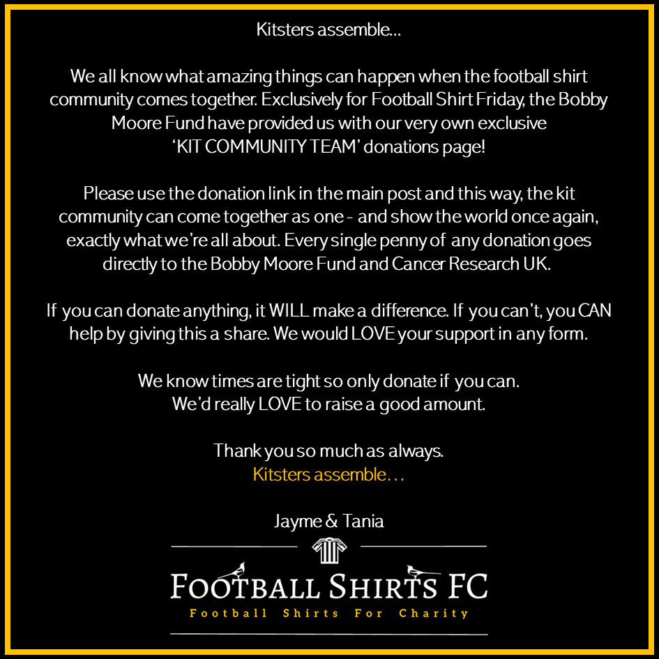 🚨 THE COUNTDOWN IS OVER!! TODAY IS FOOTBALL SHIRT FRIDAY! ⚽️👕
This tweet supports the amazing @fsfcUK
If you can, please join their squad and raise money for @CR_UK ⤵️
fundraise.cancerresearchuk.org/page/kitcommun…
#FootballFamily​
#FootballShirtFriday 
#WearShareDonate
#EveryShirtHasAStory 🧡💫