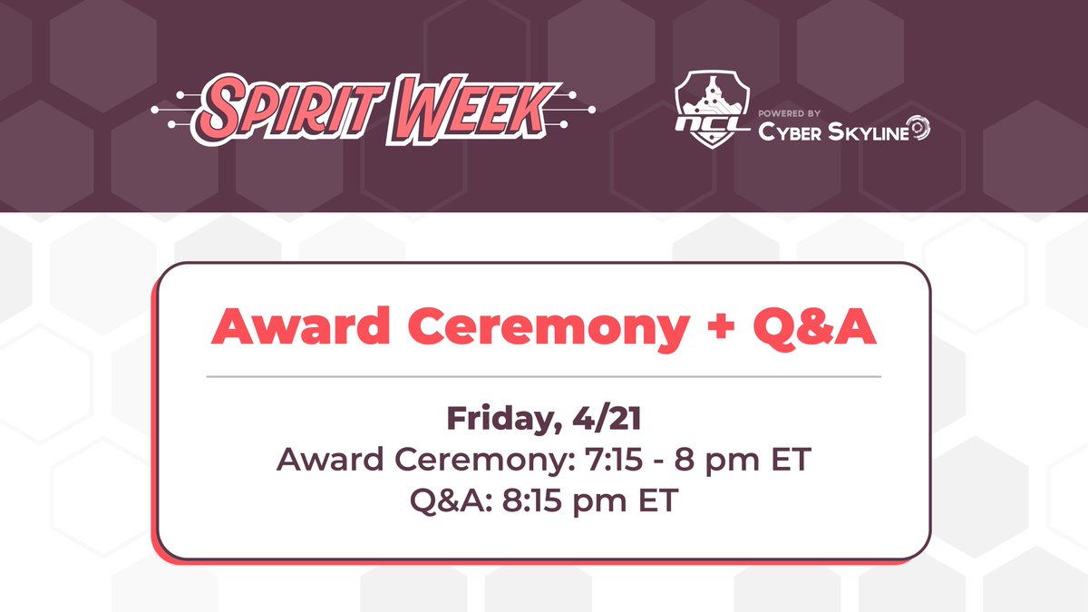 National Cyber League (NCL) (@natlcyberleague) on Twitter photo Are you ready to find out who will be named the Top Teams & Players for the Spring 2023 season? Join us tonight at 7:15pm ET as we celebrate another fantastic NCL season.   
Join the event here: streamyard.com/watch/CGJtAHBX… Are you ready to find out who will be named the Top Teams & Players for the Spring 2023 season? Join us tonight at 7:15pm ET as we celebrate another fantastic NCL season.   
Join the event here: streamyard.com/watch/CGJtAHBX…