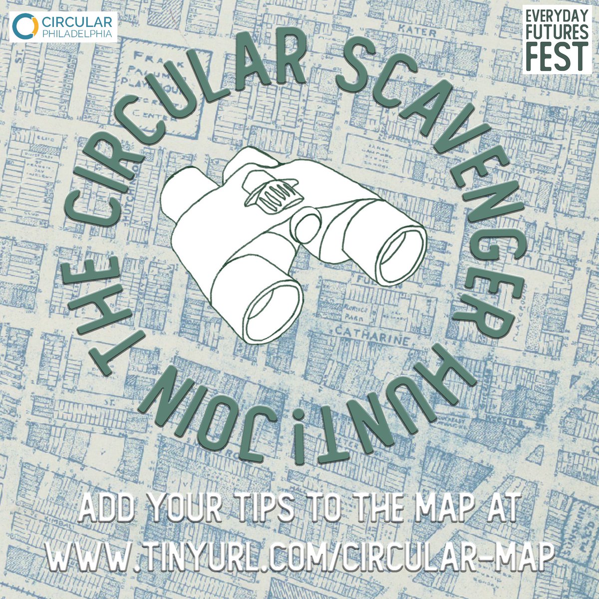 Join us this Sunday from 12-5 at the #EverydayFuturesFest Block Party hosted by @DaVinciArtAlliance and help us fill in our map of #circulareconomy businesses &amp; orgs in Philly as part of our Circular Scavenger Hunt! (H/T to <a href="/samanthaconnors/">Sam</a> for the great graphic!)