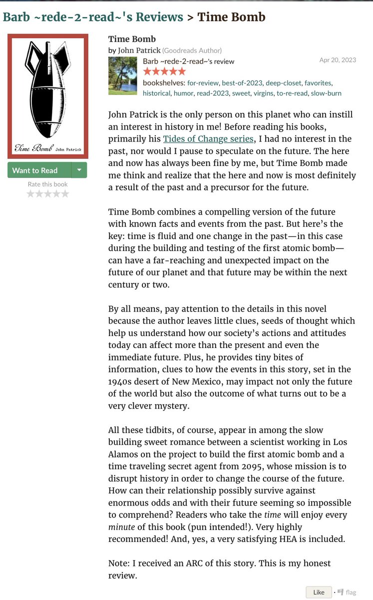 JPatrickAuthor's tweet image. The first review of Time Bomb was posted on Goodreads! Time Bomb is one of Lambda Literary’s most anticipated speculative fiction releases in April 😀. You can order right now on Amazon for delivery to your device on Tuesday.

amazon.com/Time-Bomb-John…

#writelgbt #lambdaliterary