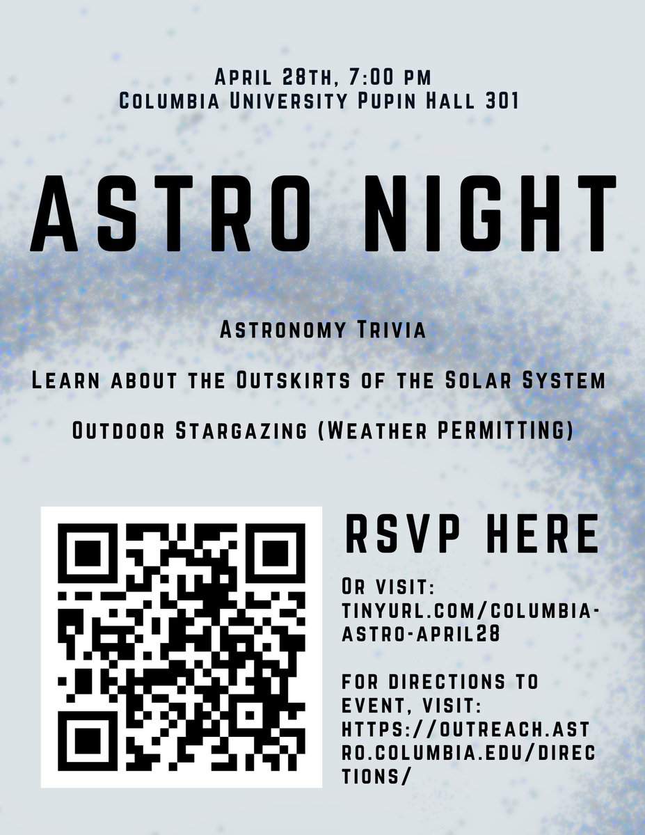 Our semester is almost over! Don't miss our last event of the 2022-2023 academic year: come by Pupin Hall at 7pm on Friday, April 28 to hear PhD student Ben Cassese talk about "The Edge of the Backyard: Mapping the Boundaries of the Solar System" (RSVP at tinyurl.com/columbia-astro…)