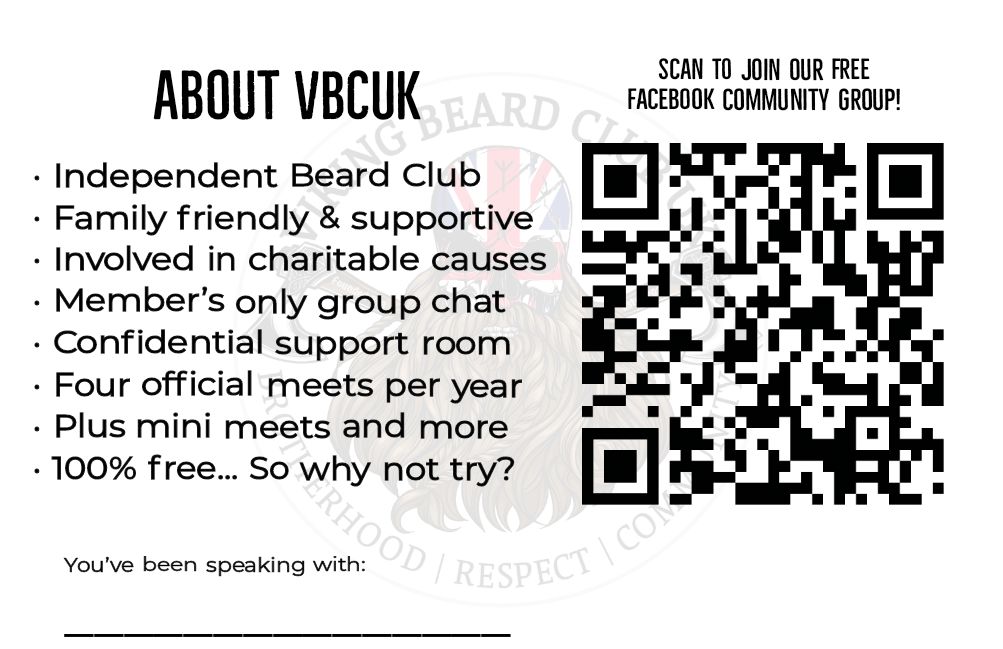 A handy QR code so that you can call by check us out, see what's what.

#VBCUK #vikingbeardclubuk #Brotherhood #family #support #inclusion #Diversity #community #mentalhealth #MentalHealthMatters #BEARDS #friends #friendships #vikings #StrongerTogether #fun