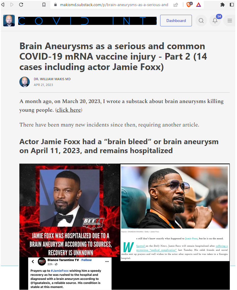 MakisMedicine's tweet photo. New Article: Brain Aneurysms as a serious and common COVID-19 mRNA vaccine injury in young people - Part 2   

14 tragic cases including actor Jamie Foxx  

Early reports suggest Jamie Foxx had a brain aneurysm &amp; bleed. He was COVID-19 vaccinated.

#DiedSuddenly #cdnpoli #ableg https://t.co/i9zJW4haBp