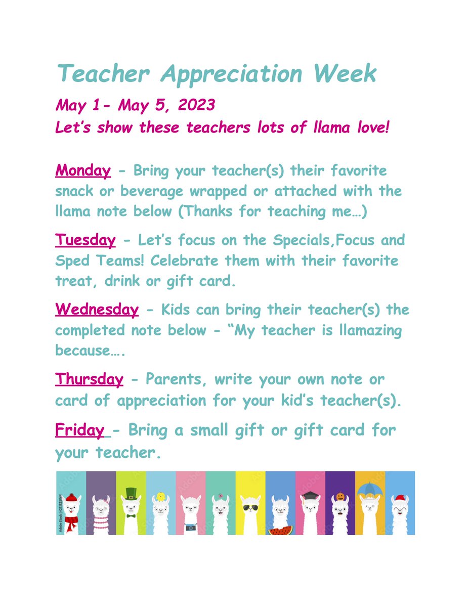 StoryPTA's tweet photo. REMINDER: Next week is Teacher Appreciation Week! Let's show our teachers and staff at Story some LOVE! Feel free to use these ideas or do your own thing. https://t.co/gJOTQ07jgN