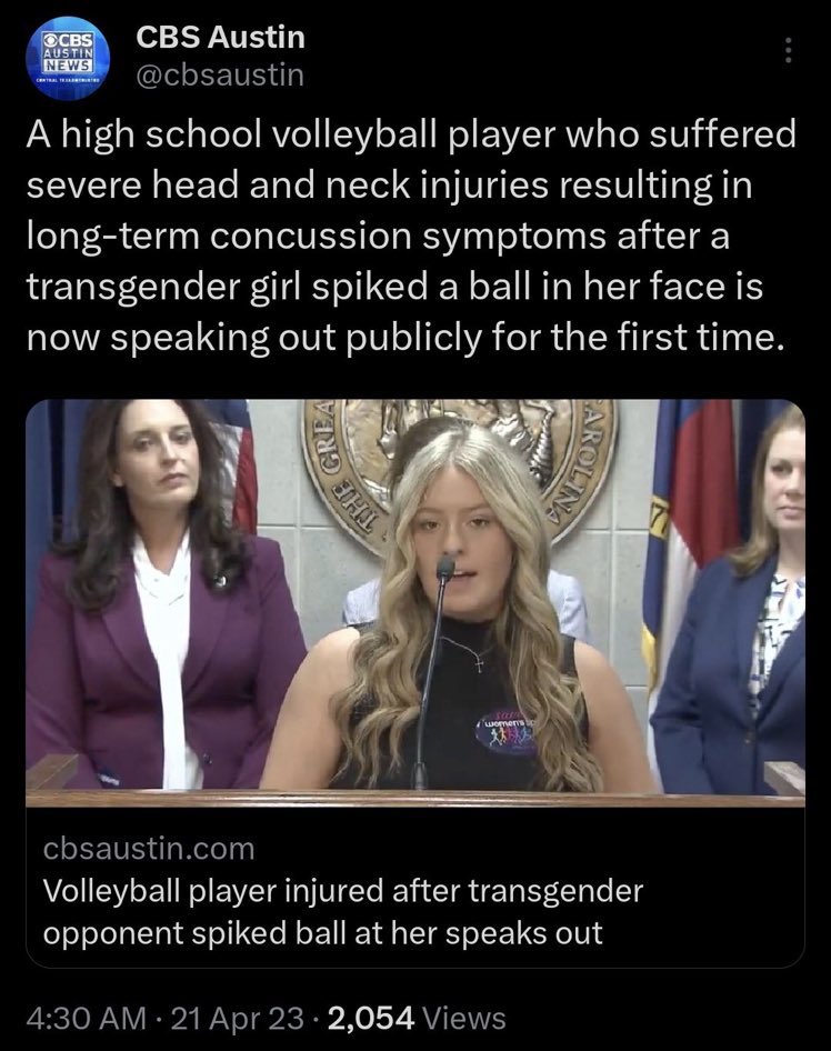 Here's the actual story.

This person blocked a spike with her face, got injured, and blamed a Trans person for it despite the high likelihood of receiving the same injury had her opponent been cis.

The story shouldn't be about Trans athletes...but not blocking with your face