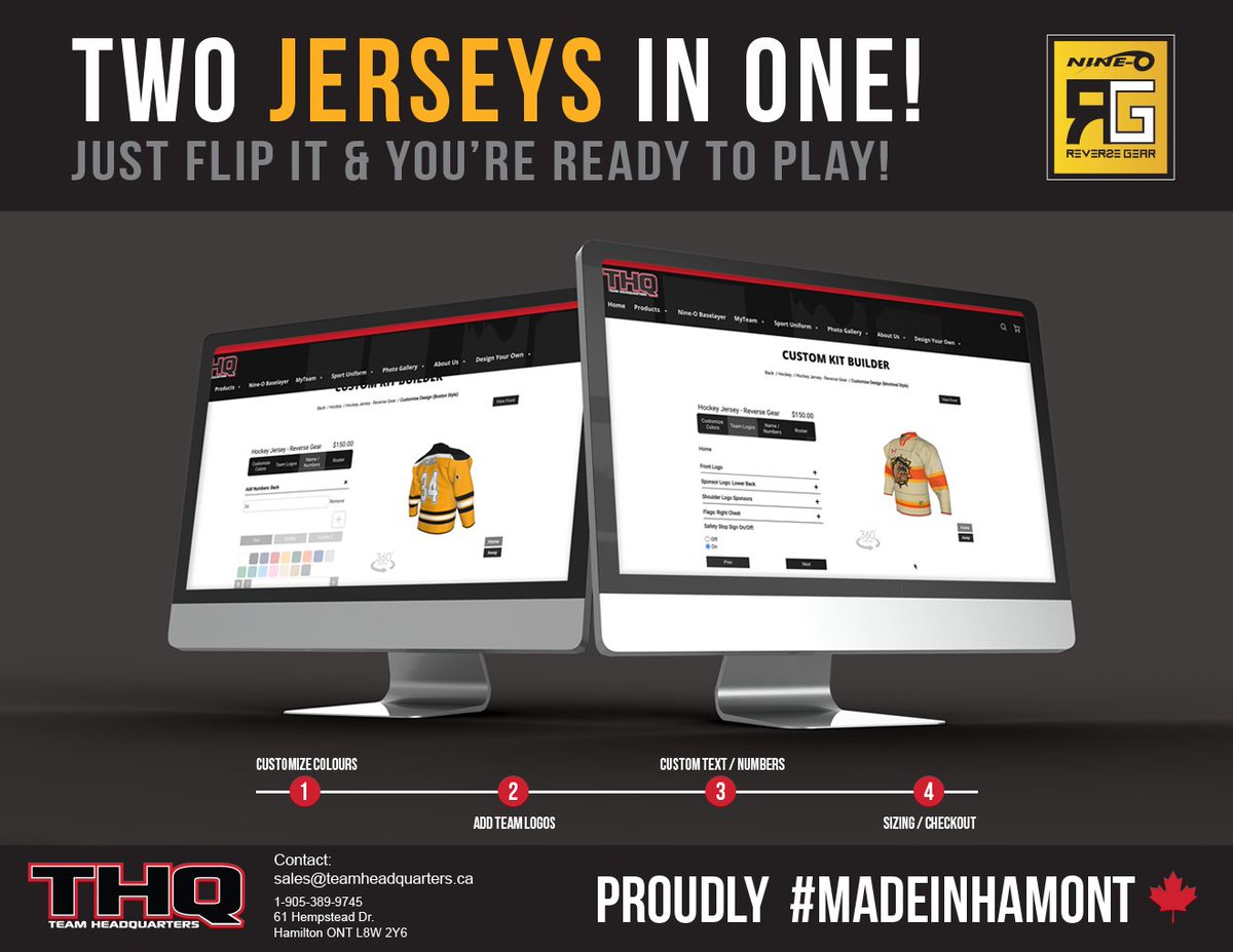 Design your own hockey jersey! Select either our standard sublimated jersey or get your home &amp; away colours in ONE with our Reverse Gear jersey!  Visit us at TeamHeadquarters.ca &amp; look for the "Design Your Own" tab in the top menu to start designing your dream jerseys today!