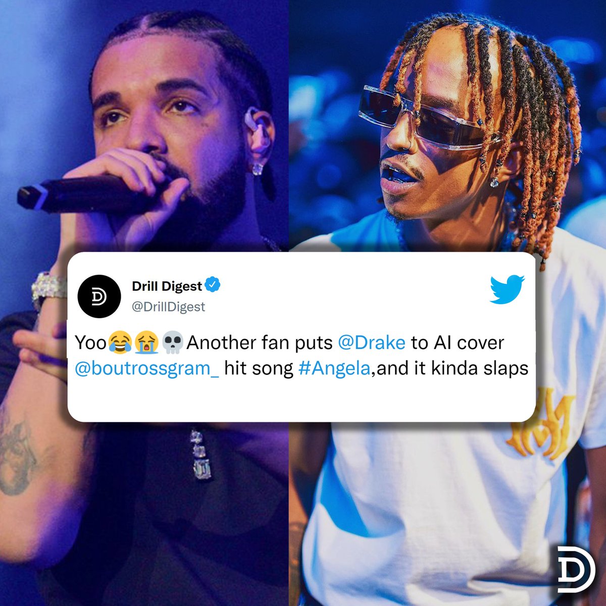 DrillDigest's tweet photo. Yoo😂😭💀Another fan puts @Drake to AI cover @Boutross_Munene  hit song #Angela,and it kinda slaps. Should AI( Artificial Intelligence) be stopped at this point??? https://t.co/GLjTF6Hi6L