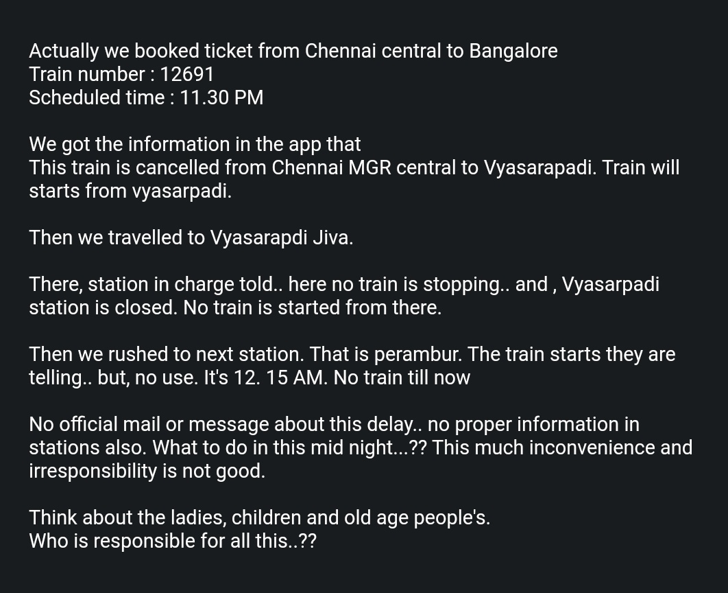 Bhuvana56588969's tweet photo. @RailwaySeva Delay and inconvenience of train 12691.
Who will took this irresponsible behaviour responsibility..??
11.30 PM train still not arrived.. no proper info.. station got changed.. very much inconvenience https://t.co/GfA6LVC44C