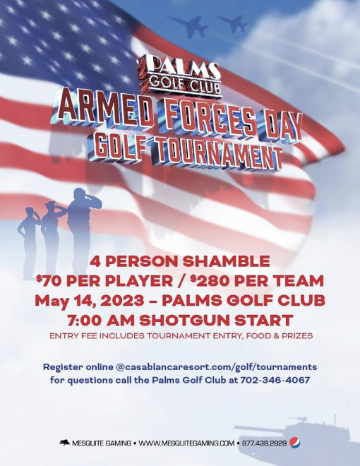 MesquiteGaming's tweet photo. Registration is now open for the Armed Forces Day Golf Tournament, hosted by @CasaBlancaNV 🇺🇸

Get your team ready to compete May 14th at Palms Golf Club. Register here ⤵
https://t.co/0DROWq6O2x https://t.co/yh6A8sCuZj