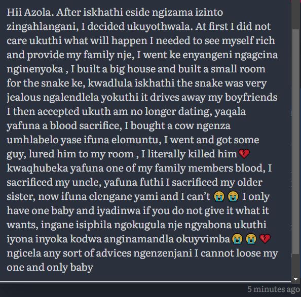 mlota_azola's tweet photo. I got a message from an anonymous person right now. Please read guys and advice. yhoooo😲😲😲😲😲 https://t.co/DQuY3tGMse