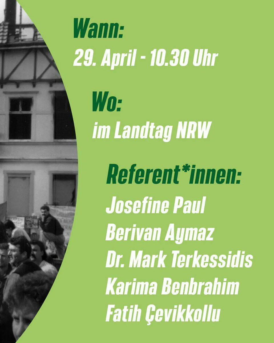 Anlässlich #30JahreSolingen wollen wir über Kontinuitäten rassistischer Gewalt und Lehren für unsere Einwanderungsgesellschaft diskutieren. Am 29. April im Landtag NRW. Anmeldung unter: gruene-fraktion-nrw.de