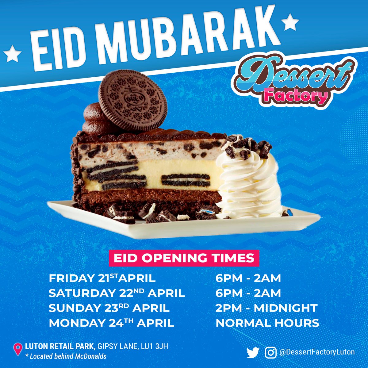 dessertfacluton's tweet photo. Eid Mubarak to all of our valued customers! 🌙✨ Our team wishes you a joyous and blessed celebration with your loved ones.
Please take note of our Eid opening times:

We look forward to serving you during this festive season. #EidMubarak #EidOpeningTimes #FestiveSeason https://t.co/KXPuubf20O