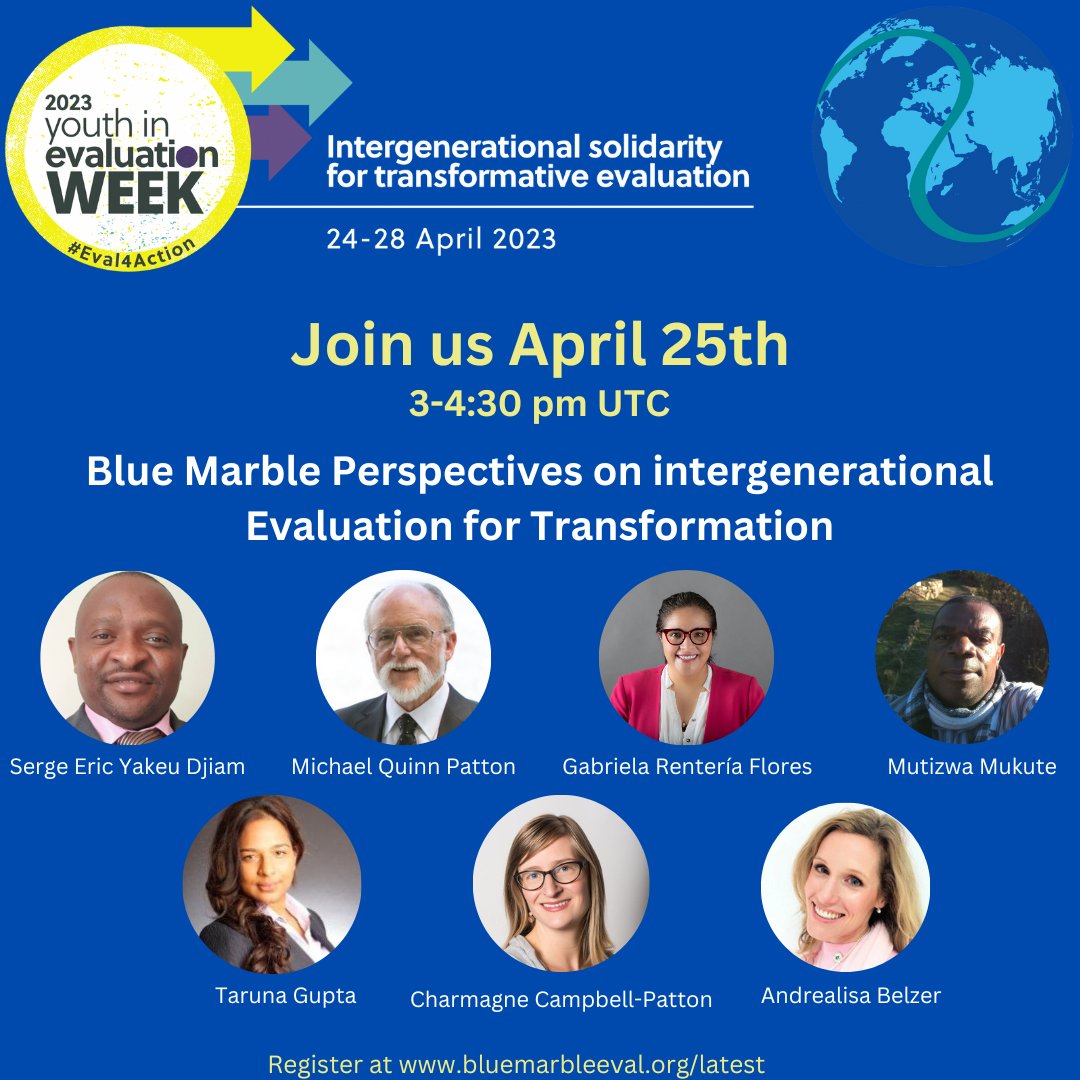 Blue Marble Evaluation (@bmevaluation) on Twitter photo We are ready for Youth in Evaluation week to begin next Monday! 
Check out the full #Eval4Action schedule eval4action.org/youthinevalweek
Register to join the #BlueMarbleEval community on Tuesday 4/25 - tinyurl.com/BME-Intergen20… We are ready for Youth in Evaluation week to begin next Monday! 
Check out the full #Eval4Action schedule eval4action.org/youthinevalweek
Register to join the #BlueMarbleEval community on Tuesday 4/25 - tinyurl.com/BME-Intergen20…