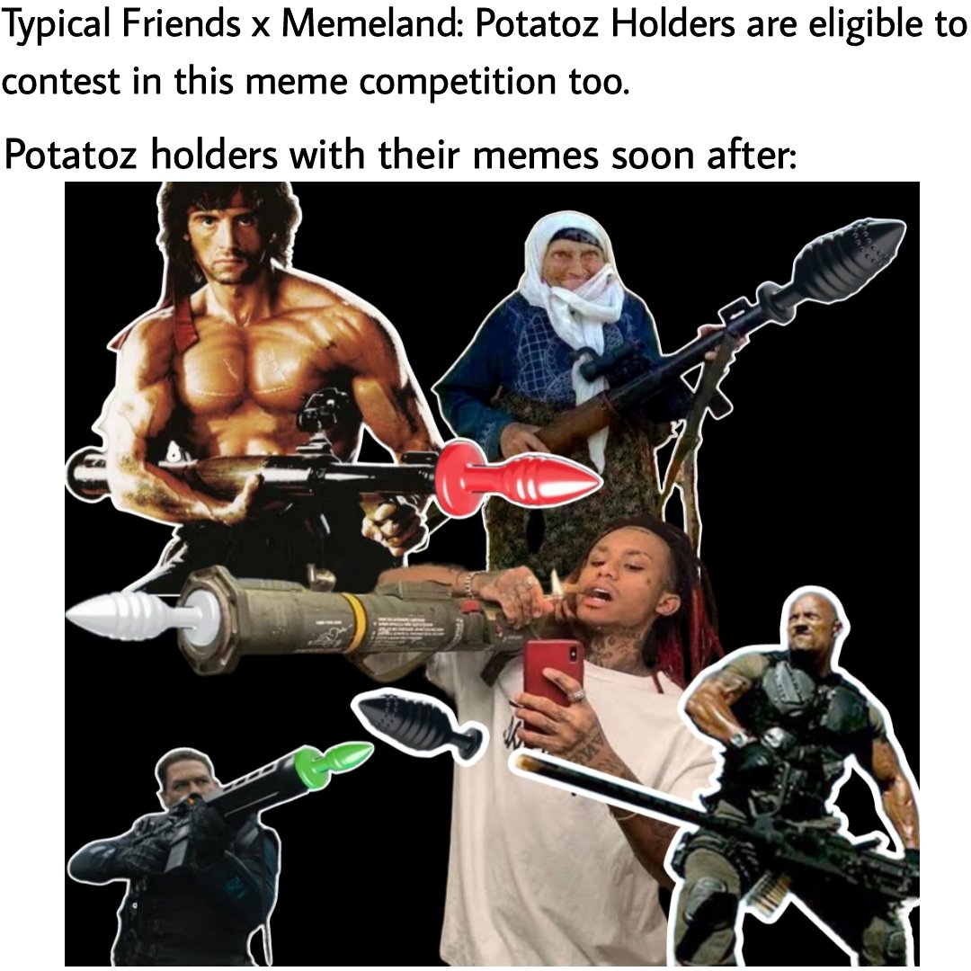 sikander69's tweet photo. Potatoz be coming in style, with full rhythm, having not just momentum on their side, but weaponry of their weekly rewards too ๐๐
#GarbageMemeland https://t.co/yLAQBSE6w5