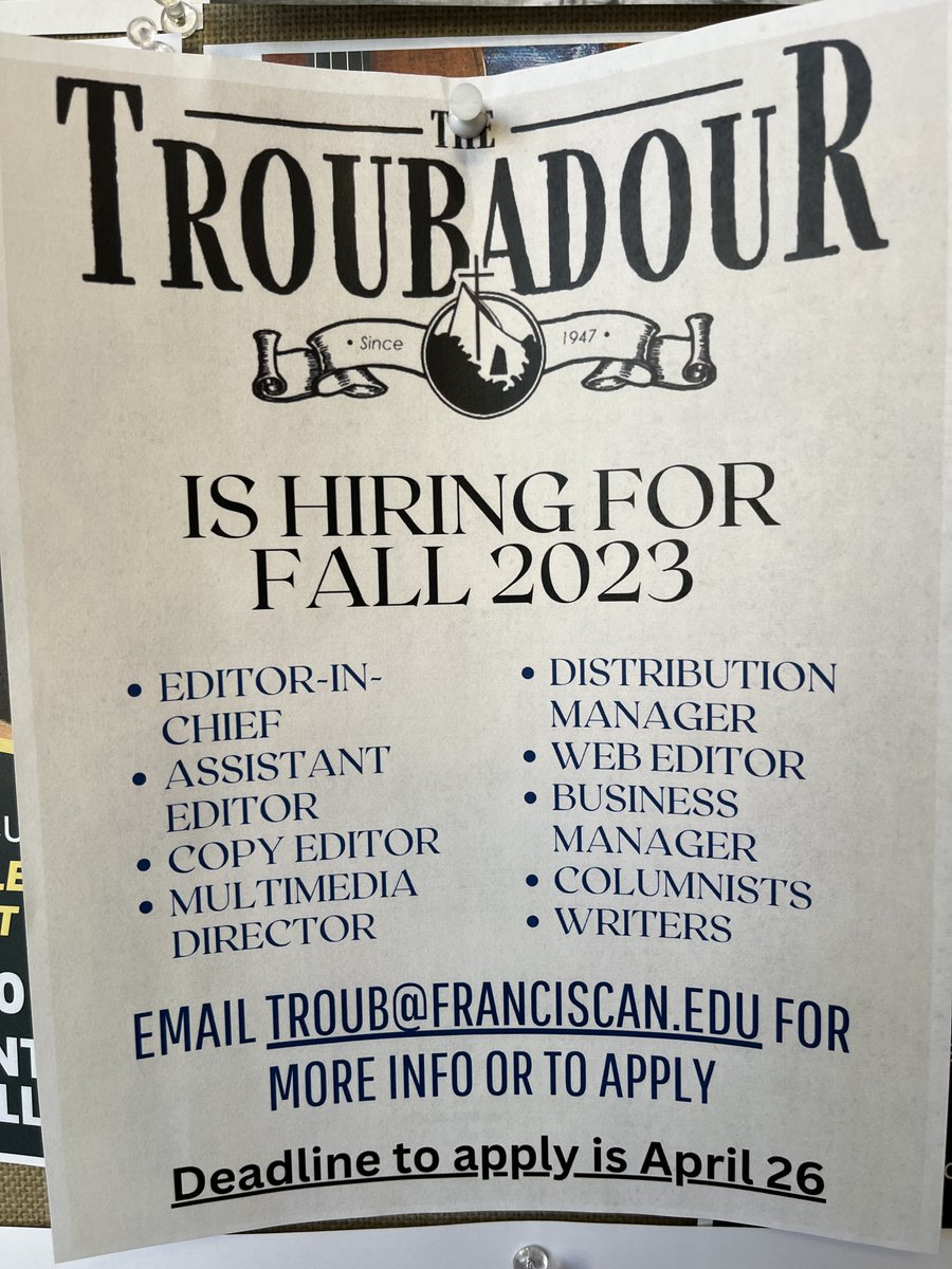 TroubadourFUS's tweet photo. The Troubadour is hiring!!!!!!! Are you looking for a fun job, where you get to work with an amazing team and build experience? Look no further, email troub@franciscan.edu to apply for any of the positions listed or to get more information https://t.co/oHXfuPf3Xz