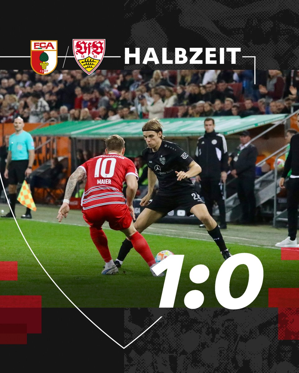 VfB's tweet photo. Halbzeit in der WWK Arena. Der VfB geht mit einem 0:1-Rückstand in die Pause. Dranbleiben, Jungs! ⚪️🔴

#VfB | #FCAVfB 1:0 (45‘) https://t.co/AZo7c7lLhe