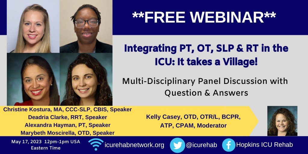 icurehab's tweet image. FREE @ICURehab Webinar

*Integrating PT, OT, SLP &amp;amp; RT in the ICU: It takes a Village!*
Moderated by @KellyCasey_OT

May 17 2023, 12 to 1pm
(Eastern Time, USA)

Register: jhjhm.zoom.us/webinar/regist…

Archive will be at: icurehabnetwork.org