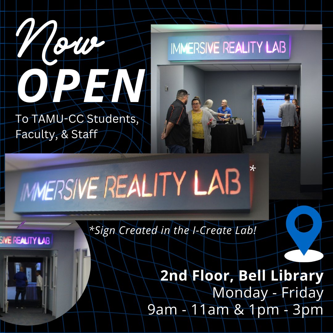 TAMUCCLibrary's tweet photo. Thank you to everyone who has joined us for the opening of the Immersive Reality Lab (IRL) so far! The IRL is now available for all #TAMUCC faculty, student, and staff to use. The lab’s business hours are currently Monday-Friday, 9-11am and 1-3pm. See you in IRL! https://t.co/XOGAaxtuSL