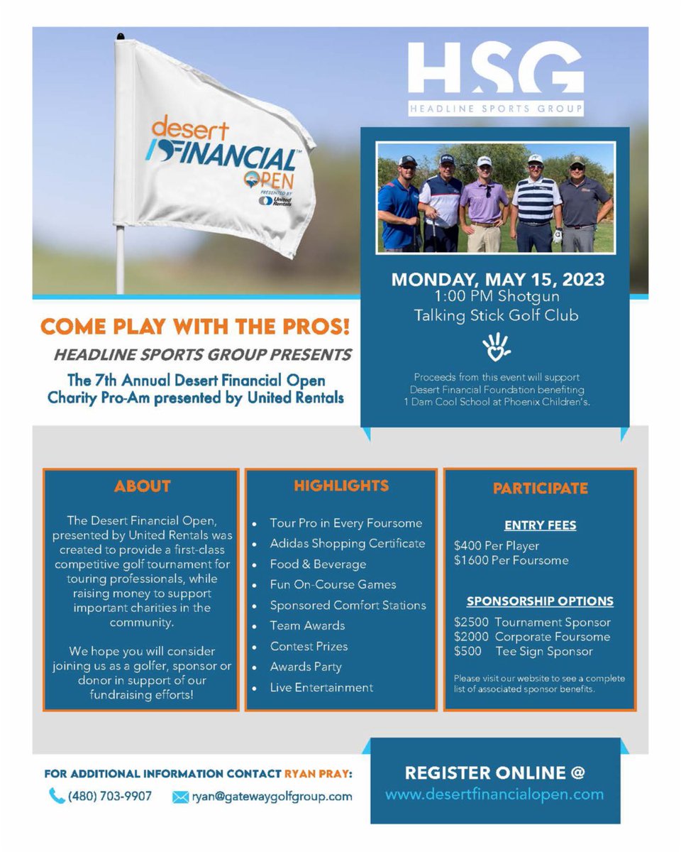 Come play with the pros! HSG presents the DFO Charity Pro-Am Monday, May 15 at Talking Stick Golf Club. More information available at
desertfinancialopen.com