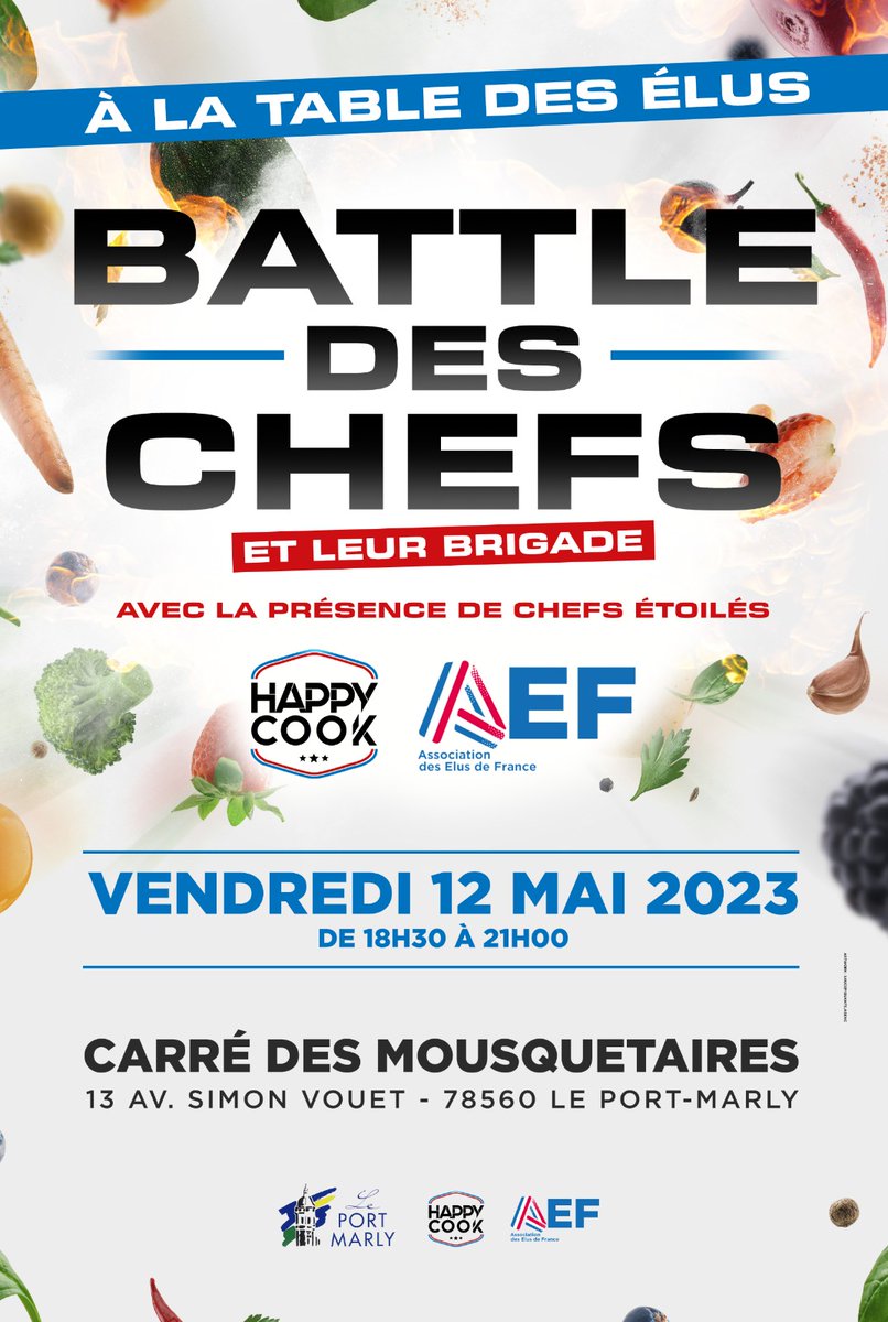 📘📕A VOS AGENDAS
🍽️À LA TABLE DES ÉLUS🇫🇷
👨‍🍳👩‍🍳 Chefs étoilés
🥬Des aliments ordinaires qui donneront des mets extraordinaires

📅 12 mai 2023
⌚️ de 18:30 à 21:00
 🏛️ Le Port Marly
➡️ Réservation : elus-de-france.fr/AEF-evenement-1

✅ Événement Gratuit et ouvert aux élus.
⚠️ 70 places maxi