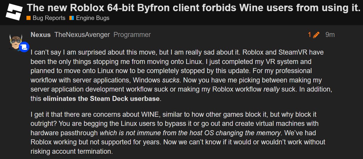 The new Roblox 64-bit Byfron client forbids Wine users from using