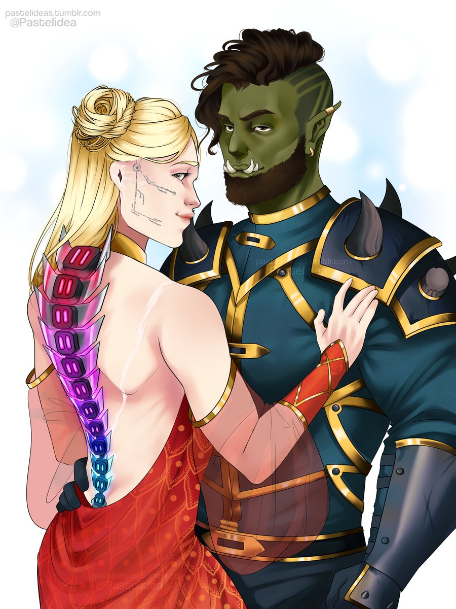 A commission for secretsontonguetips (tumblr) of their Dnd character Sarmara and her fiancé, Varris.
