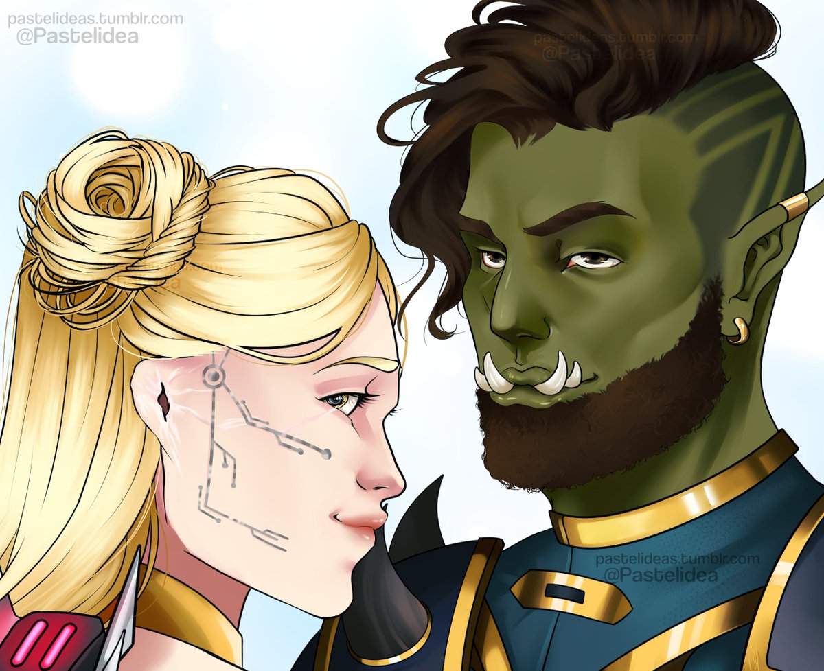 Pastelidea's tweet photo. A commission for secretsontonguetips (tumblr) of their Dnd character Sarmara and her fiancé, Varris. https://t.co/QigQV0v3ID
