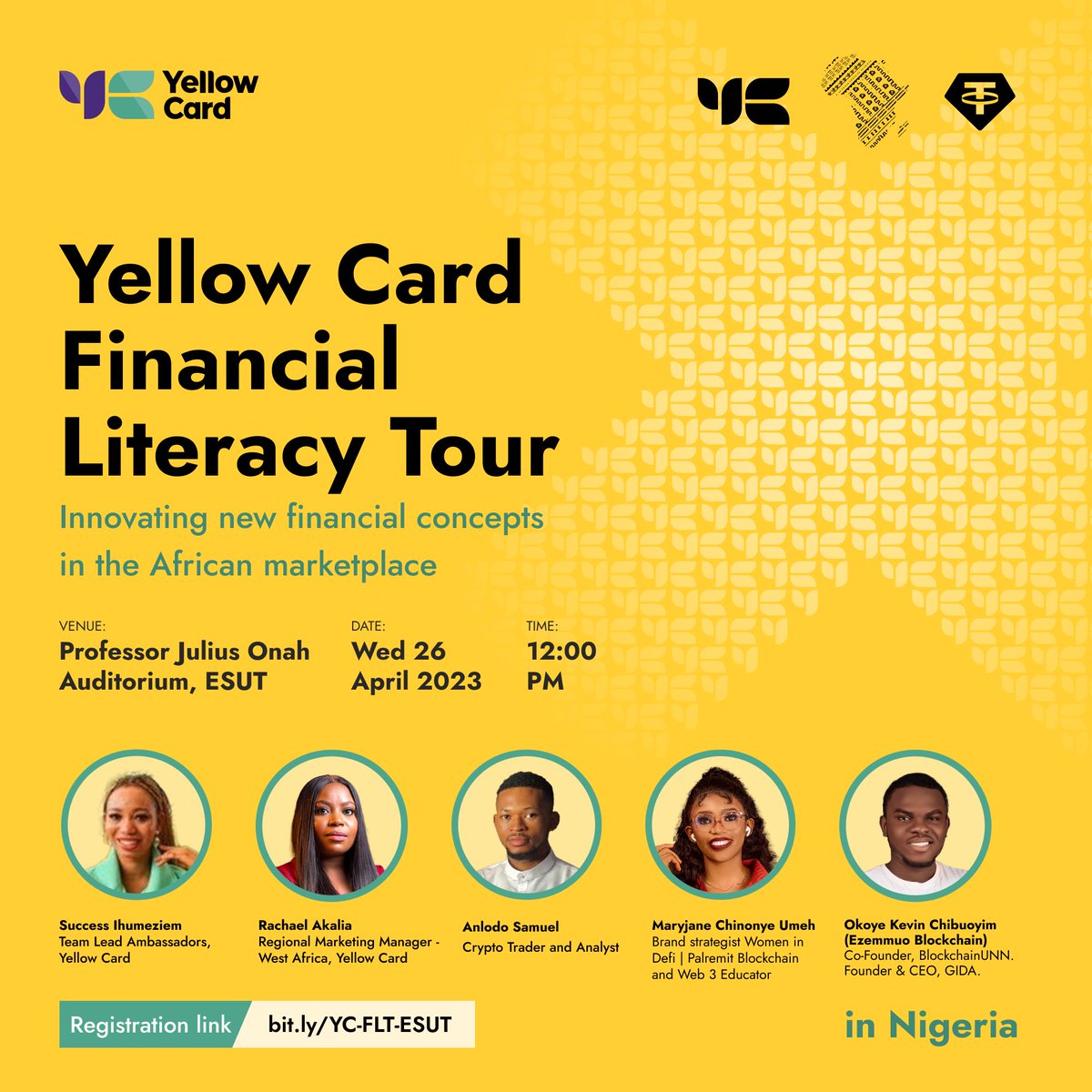I’ll be speaking as a Keynote speaker at the <a href="/yellowcard_app/">Yellow Card</a> Financial Literacy Tour in ESUT, Enugu State, on 26th April, next week Wednesday.

I’ll be speaking on the Topic - Leveraging Crypto; Building a career in the crypto space.

Of course, there’s USDT gifts 💰💰😁 ///