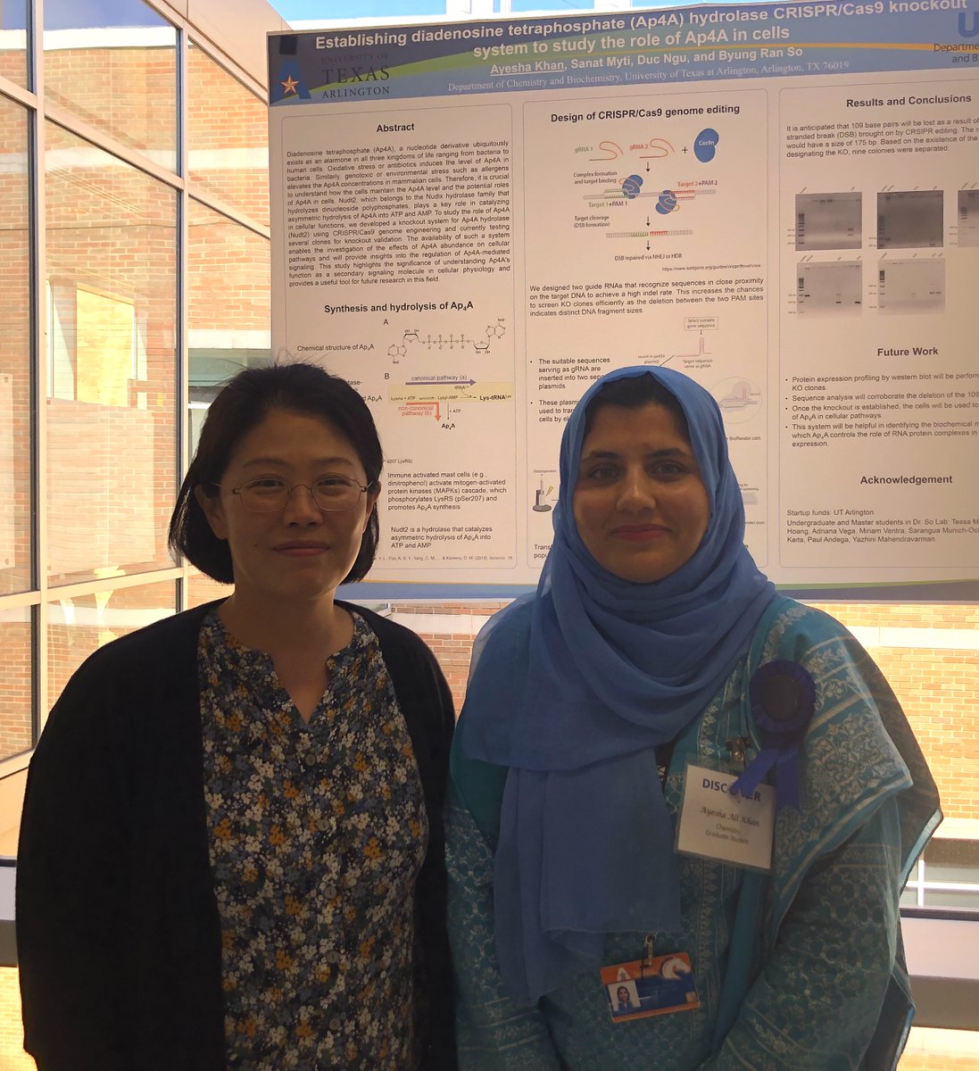 UTAChemistry's tweet photo. Best of luck to our #Discover2023 Chemistry &amp; Biochemistry poster finalists 🏆Ayesh Ali Kan (Prof. So) in the graduate division and Ana Gonzalez Ledesma (Prof. Rajeshwar) in the undergraduate division. We are proud of you!!! 🧡💙

#MaverickScience x @UTAScience https://t.co/hGhIaHqPpe