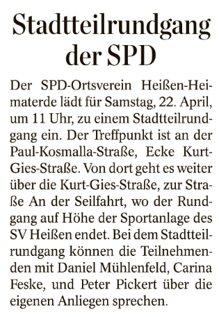 Am morgigen Samstag, 22.4., sind wir übrigens ab 11h wieder einmal auf Stadtteilrundgang unterwegs. Treffpunkt ist an der Paul-Kosmalla-Straße, Ecke Kurt-Gies-Straße. #SPD #Mülheim #ImmerFürSieDa #Heißen #Heissen #Muelheim