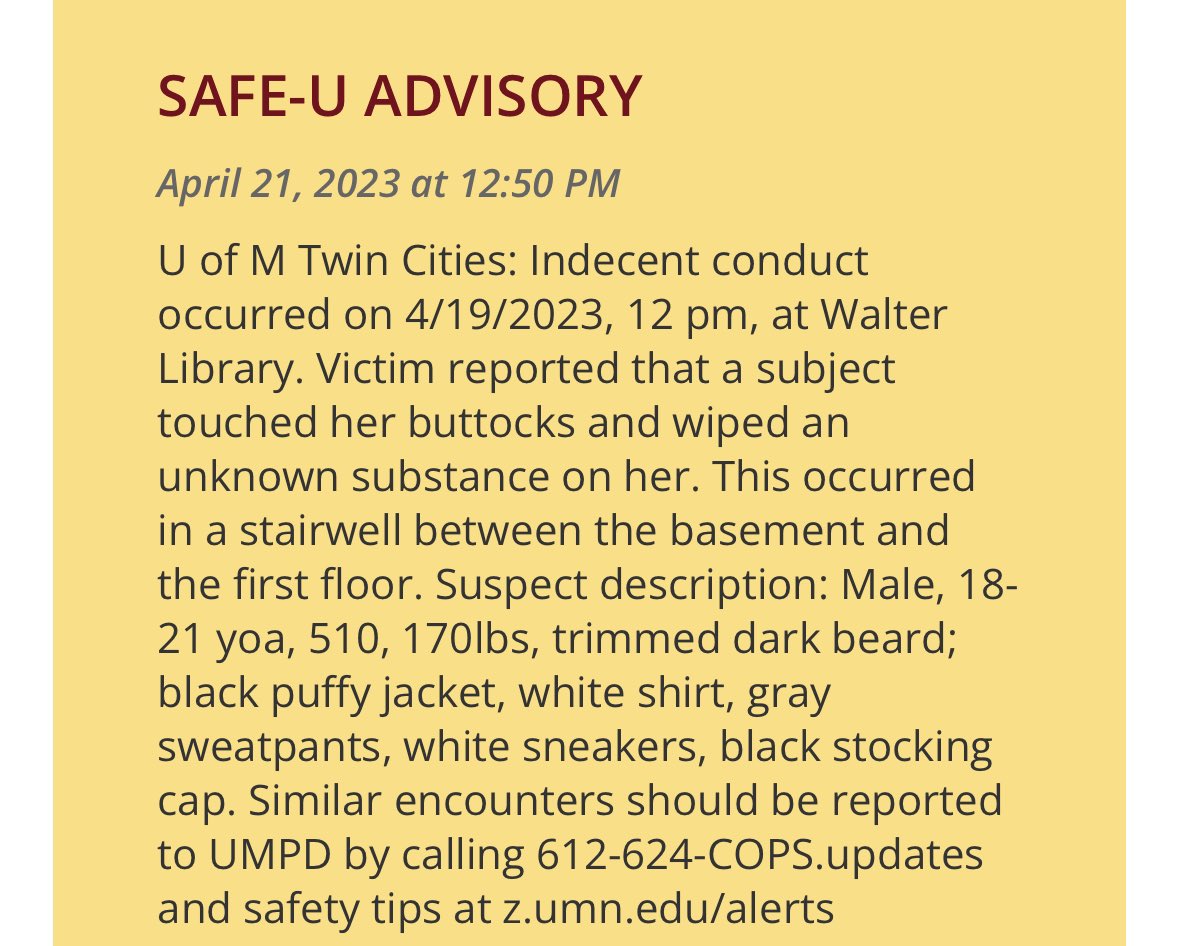 WatchDogUMN's tweet photo. As we near towards finals, we continue to have safety issues in our libraries. #SafeU alert today outlines “indecent conduct”: https://t.co/EZRVgDy3jG