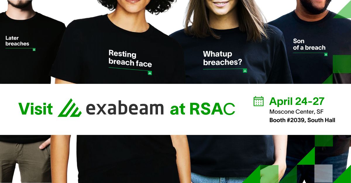 exabeam's tweet photo. 👕 See a New-Scale #SIEM demo and get an Exabeam T-shirt at RSA! Talk with our team at Booth 2039... learn how to detect hard-to-find threats, defend against #cyberattacks, and defeat the adversaries. See you there, #breaches! #RSAC #NewScaleSIEM https://t.co/1L2WINwWfS
