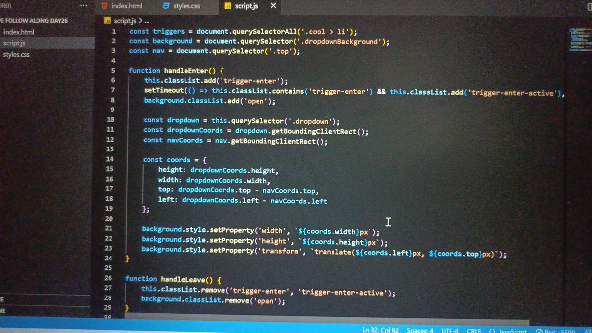 Shabi_dev's tweet photo. Day: 28 of #100DaysOfCode build a clone of stripe navbar using vanilla javascript. #javascript30 https://t.co/1WgAVtTVA3