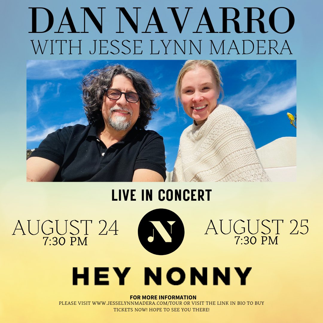 Can't wait to hit the stage and open for my dear and talented friend, Dan Navarro, at Hey Nonny on August 24th and 25th at 7:30pm! Get your tickets now at heynonny.com/shows/dan-nava… 🎟️
#HeyNonny #LiveMusic #DanNavarro #JesseLynnMadera #Concert #Americana #Singer #Songwriter