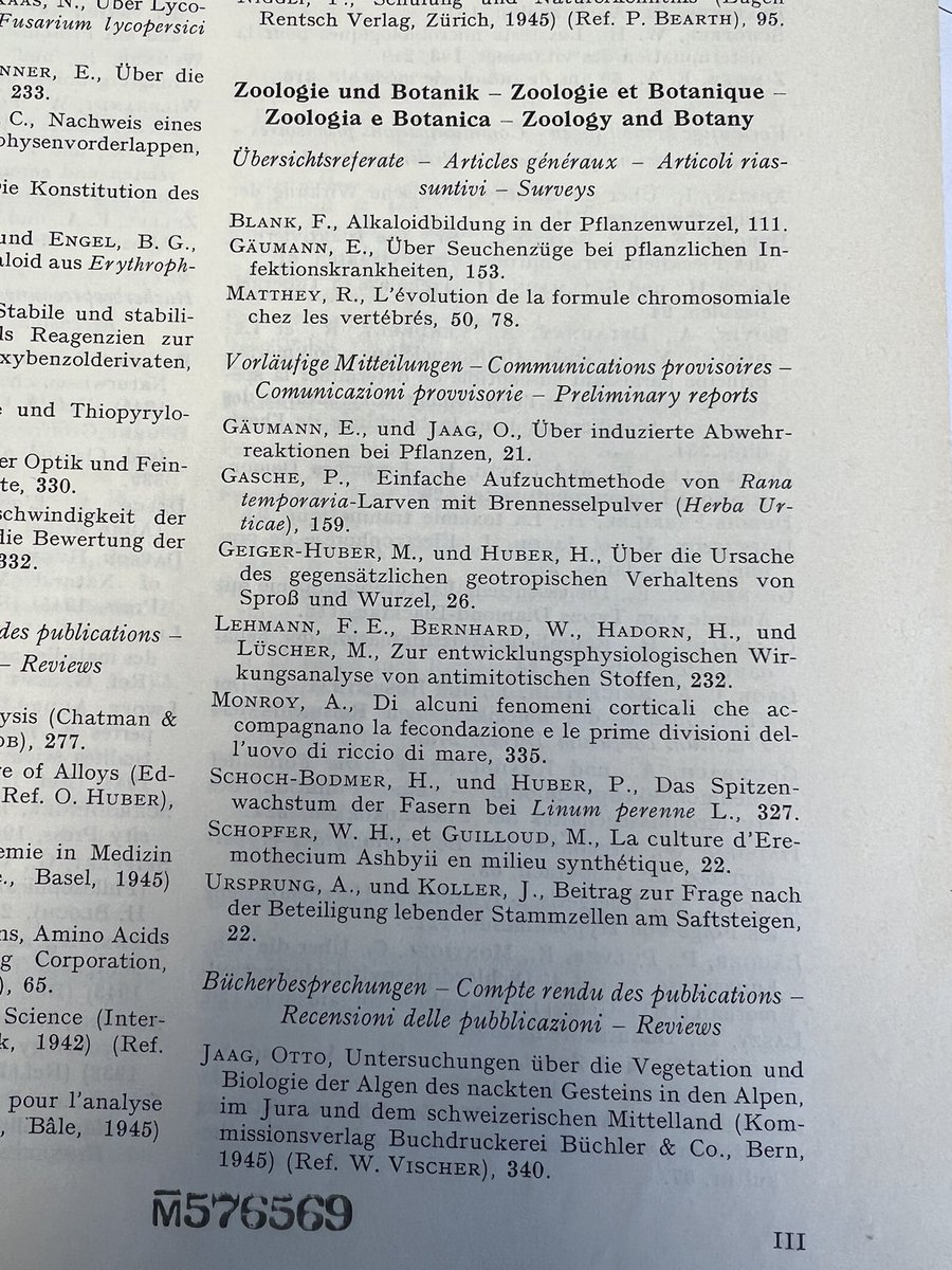 frogsicles's tweet photo. Reading this table of contents from Experientia in 1945. At the time articles were accepted in English, French, German, & Italian. Now known as Cellular and Molecular Life Sciences, the journal only accepts articles written in English #MultilingualScience https://t.co/R15VMtEb0i https://t.co/BpqKCLi3bI